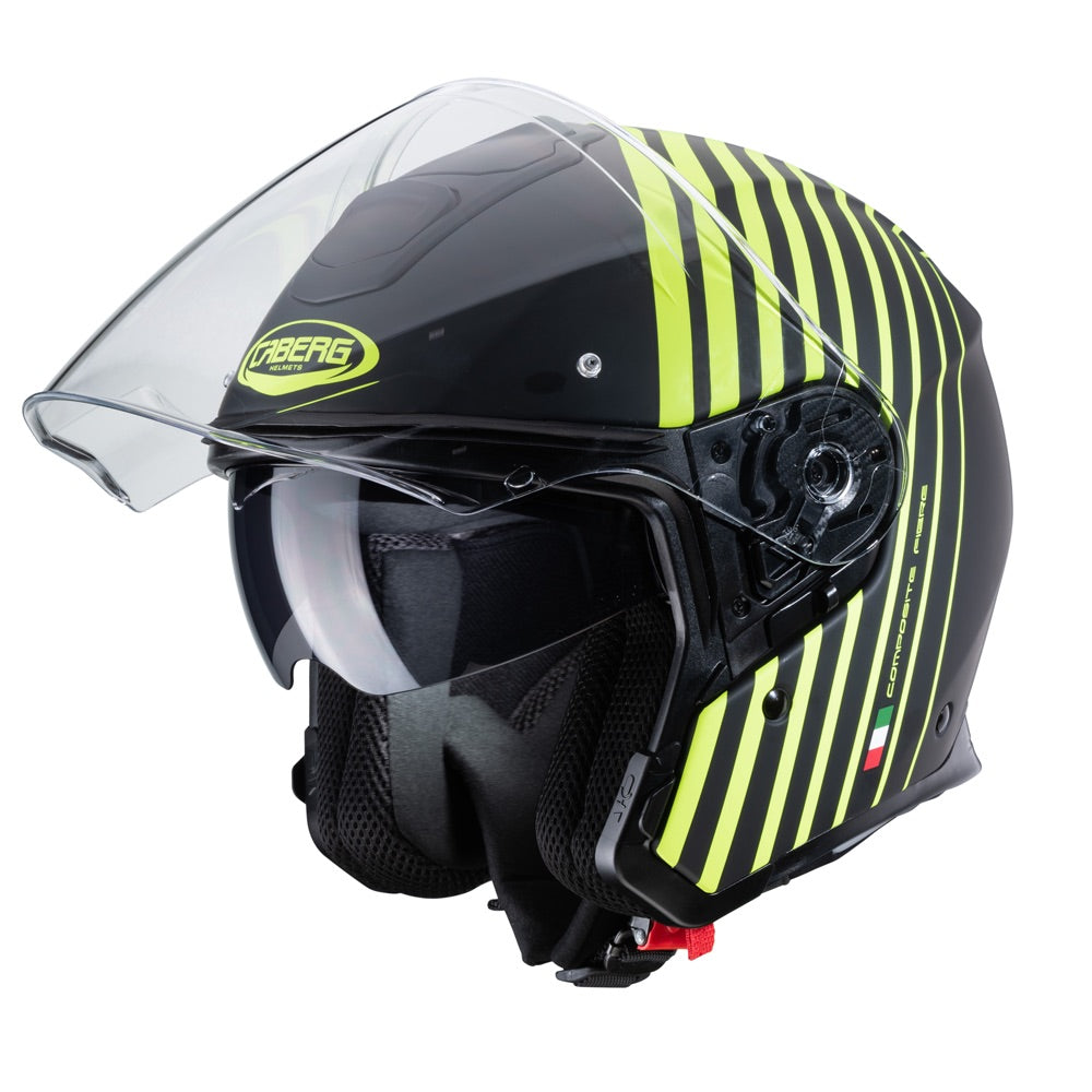 black open face motorcycle helmet with yellow stripes across and yellow caberg logo