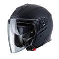matt black open face motorcycle helmet with clear visor and itnegrated sun visor