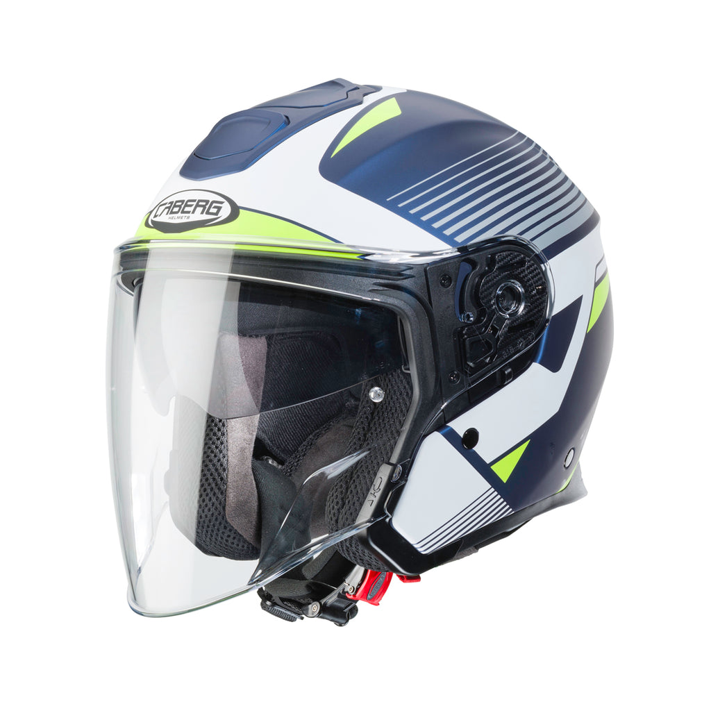 matt blue yellow and white open face motorbike helmet with clear visor