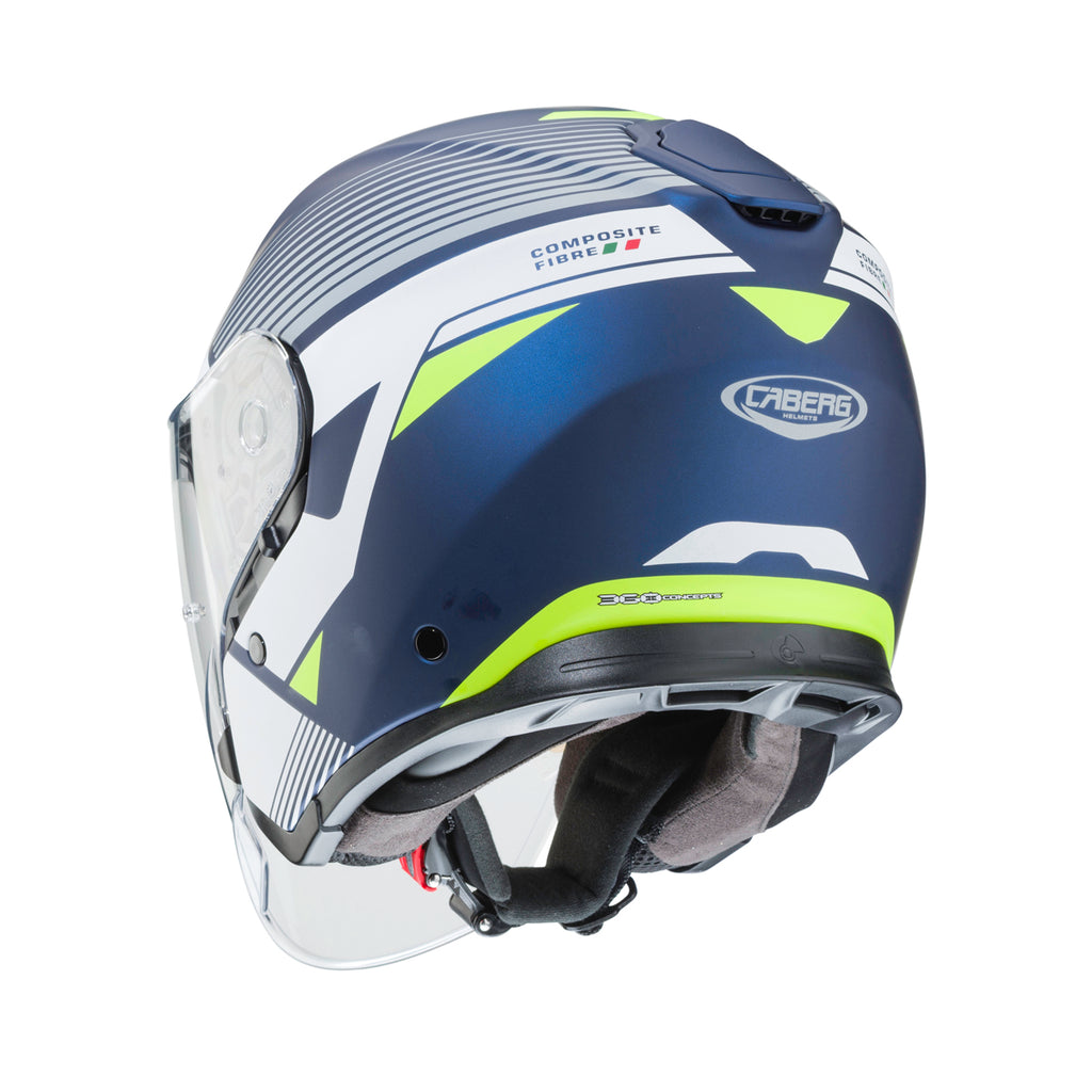 back of blue and yellow motorbike helmet with caberg logo on the back