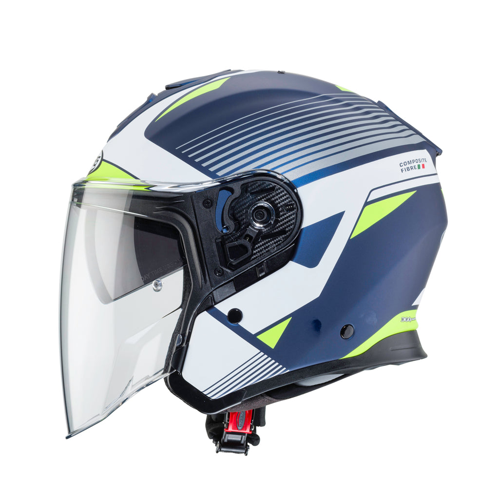 side of blue and yellow design caberg helmet with clear pinlock ready visor