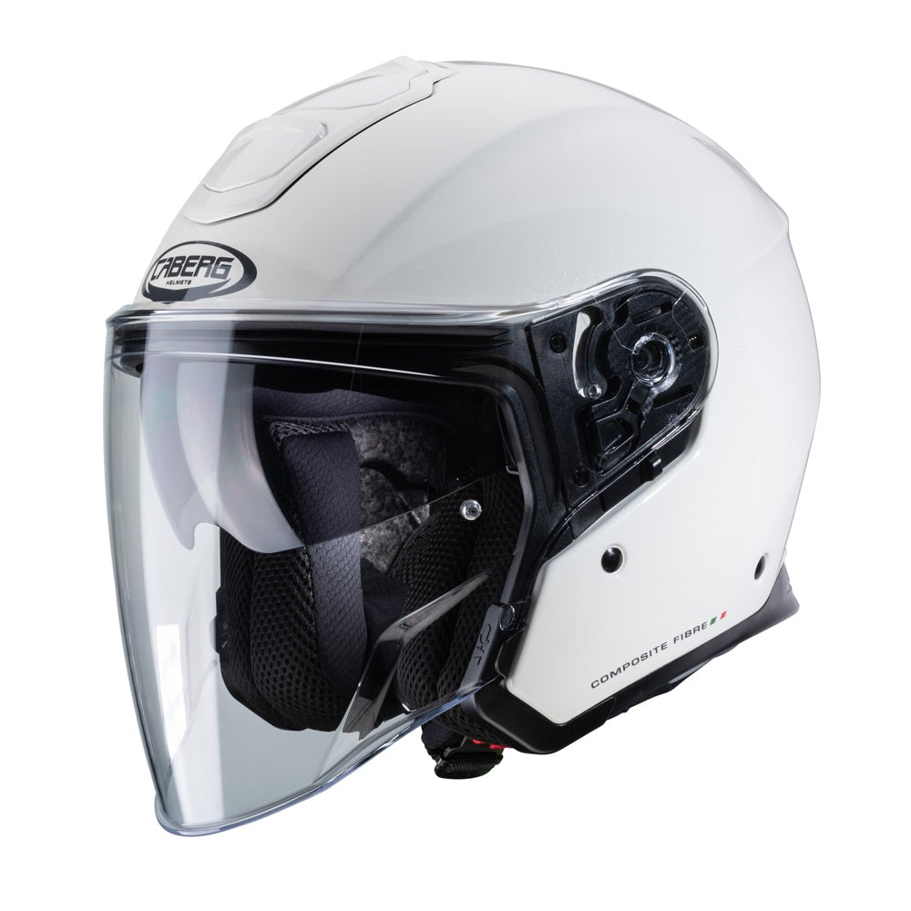 caberg white open face motorcycle helmet with large clear visor and black caberg logo