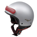 silver open face motorcycle helmet wuth red leather and red lining