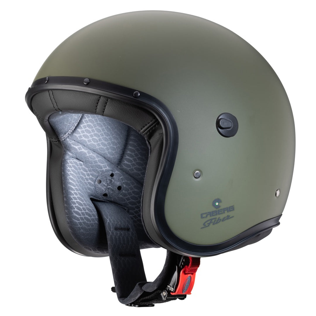 Matt green open face motorbike helmet with black lining