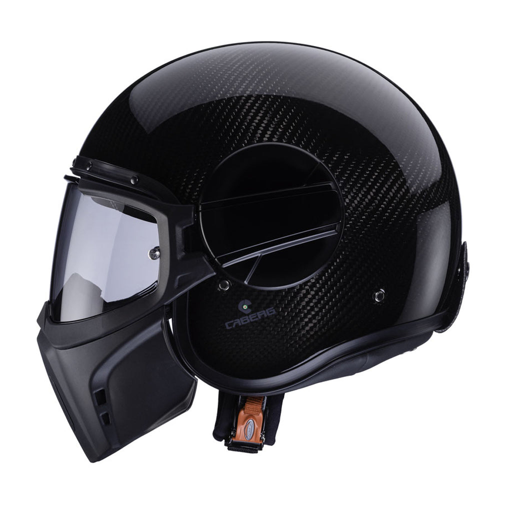 side of black carbon open face helmet with caberg branding