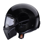 side of black carbon open face helmet with caberg branding