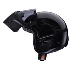 flipped up black carbon motorbike helmet with tinted visor