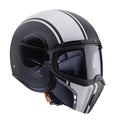 black and white ghost motorbike helmet with caberg logo and detahcable chin guard