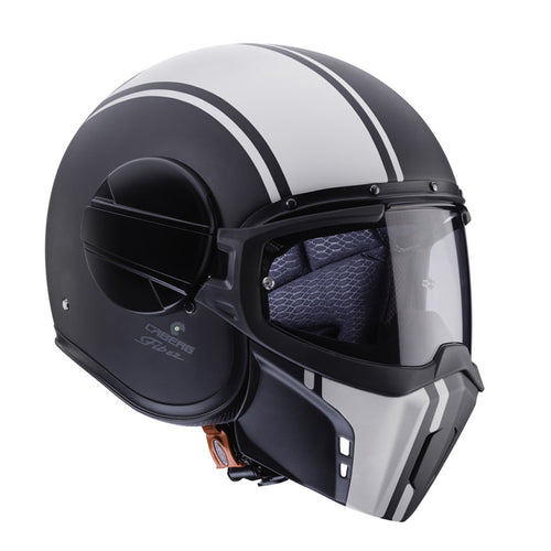 black and white ghost motorbike helmet with caberg logo and detahcable chin guard
