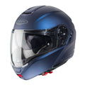 matt blue flip up  motorbike helmet with clear visor and caberg branding on the front