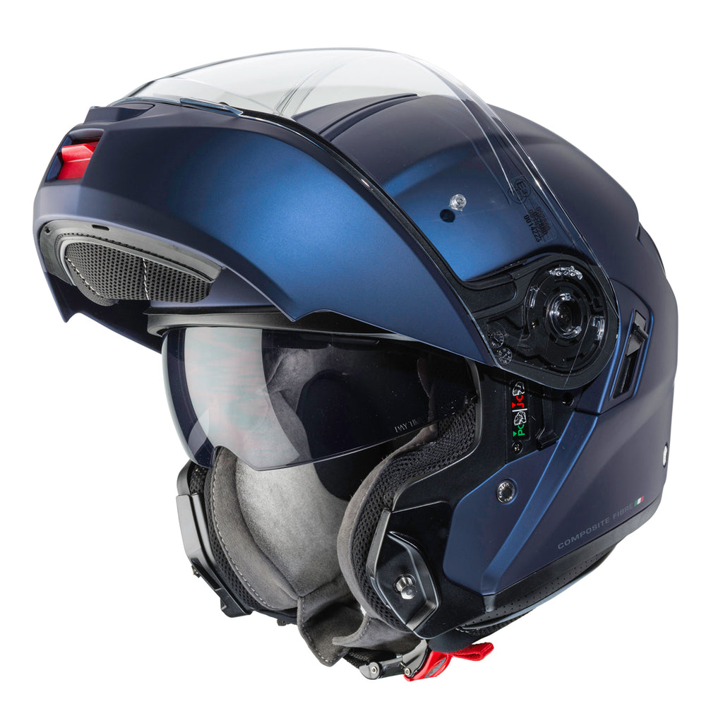 caberg matt blue open face helmet flipped up with integrated sun visor