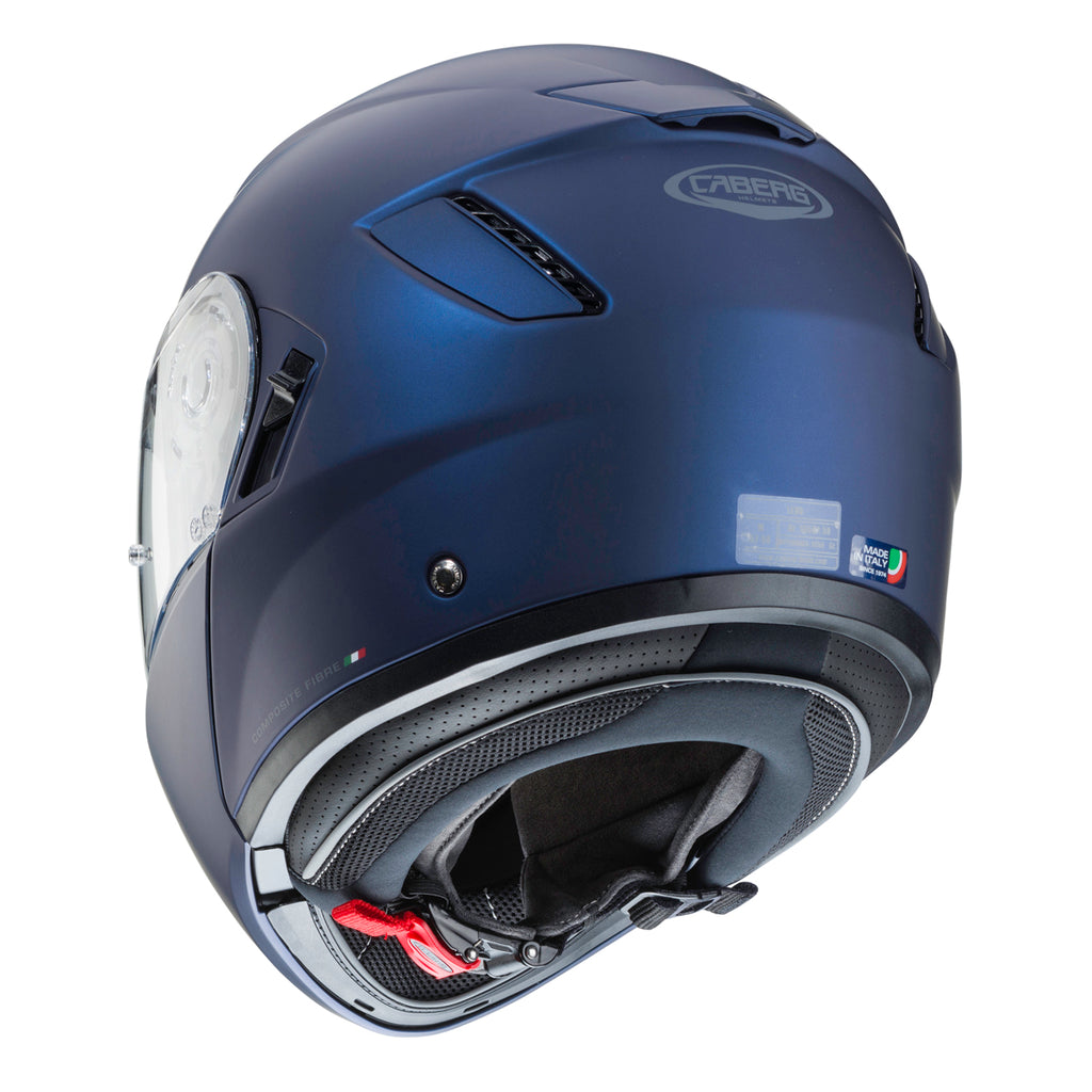 back of matt blue motorcycle helmet with caberg logo on the back