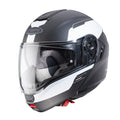 black and white flip up motorbike helmet with clear visor and integrated sun visor with caberg logo