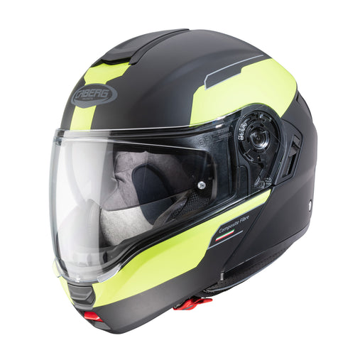 black and yellow flip up motorcycle helmet with clear visor and integrated sun visor