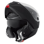 Flipped up matt black helmet with integrated sun visor