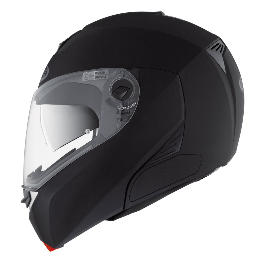 side view of matt black motorbike helmet with clear visor