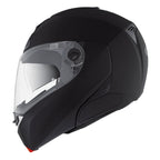 side view of matt black motorbike helmet with clear visor