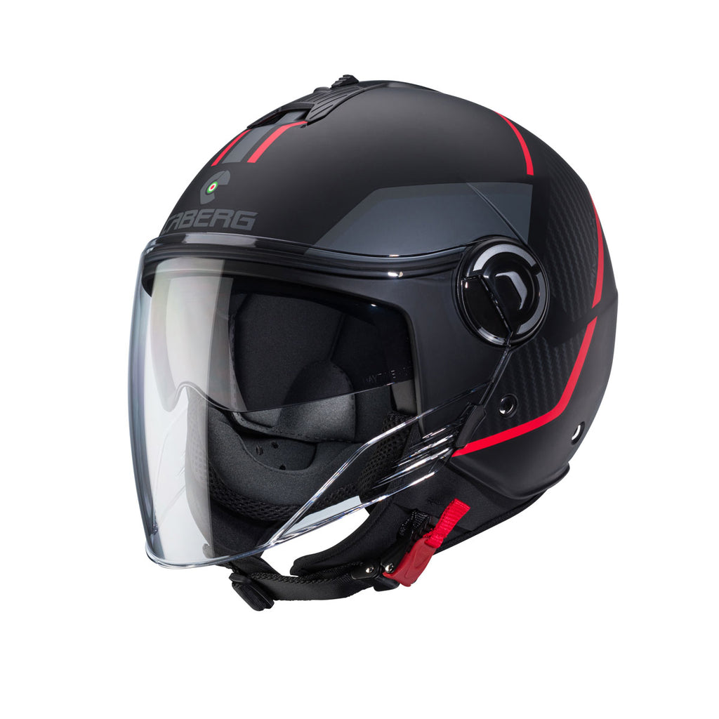 matt black, grey and red open face motorbike helmet with clear visor and caberg branding