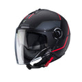matt black, grey and red open face motorbike helmet with clear visor and caberg branding