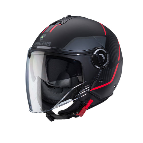 matt black, grey and red open face motorbike helmet with clear visor and caberg branding