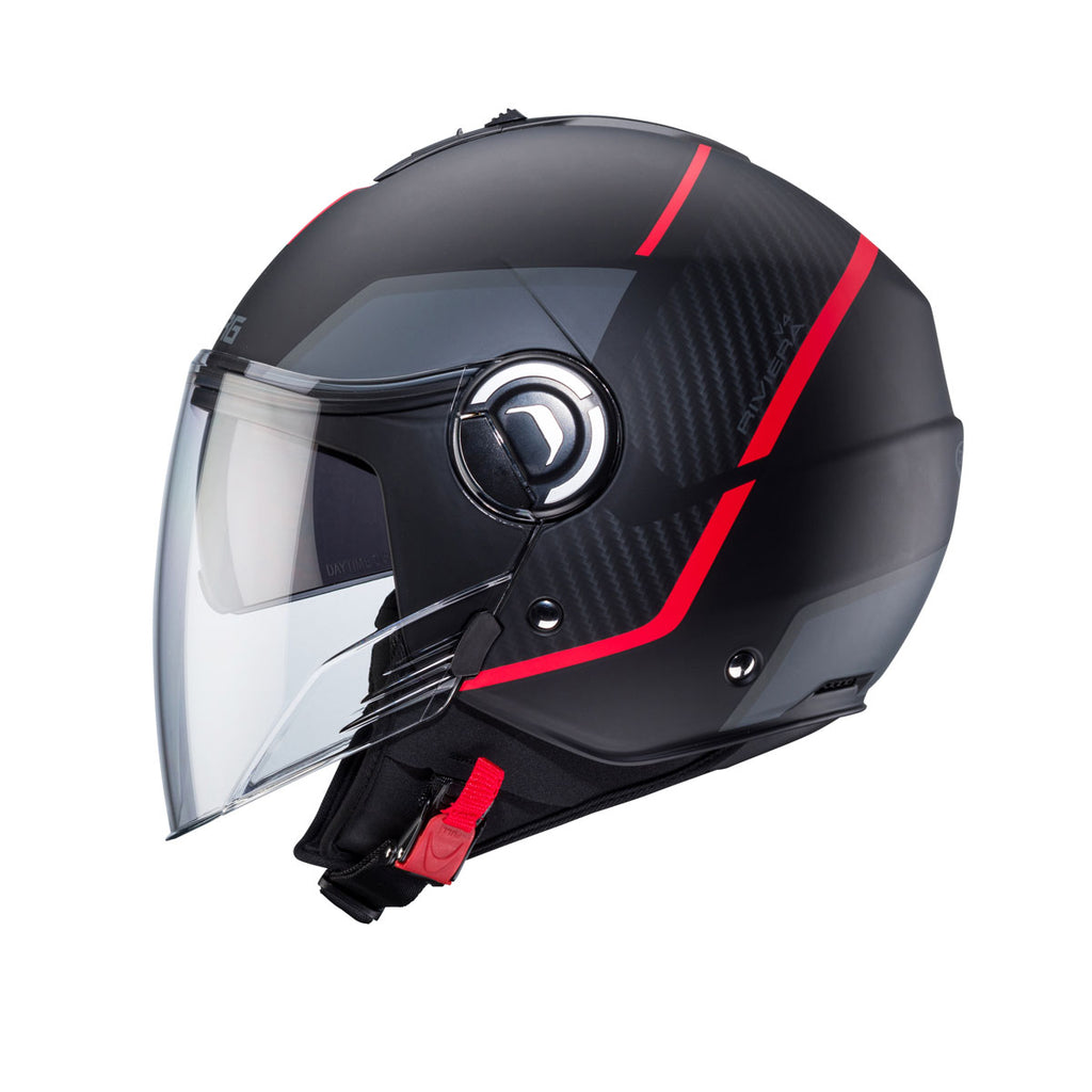 side view of black and red open face helmet with integrated sun visor