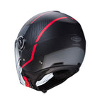 back of black and red motorcycle helmet with caberg logo on the back