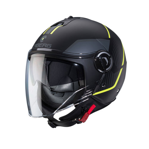 black, yellow and anthracite open face motorcycle helmet with clear visor and integrated sun visor