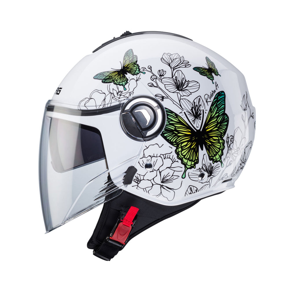 side of white open face helmet with black and green floral and butterfly design on the side