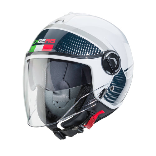 white open face caberg motorbike helmet with clear visor