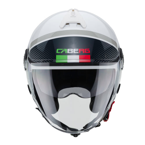 front facing white open face motorcycle helmet with caberg logo and Italian flag