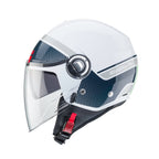 side of white open face helmet with clear visor and chin strap