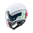 back of white open face helmet with caberg logo, Italian flag and Riveria V4 logo