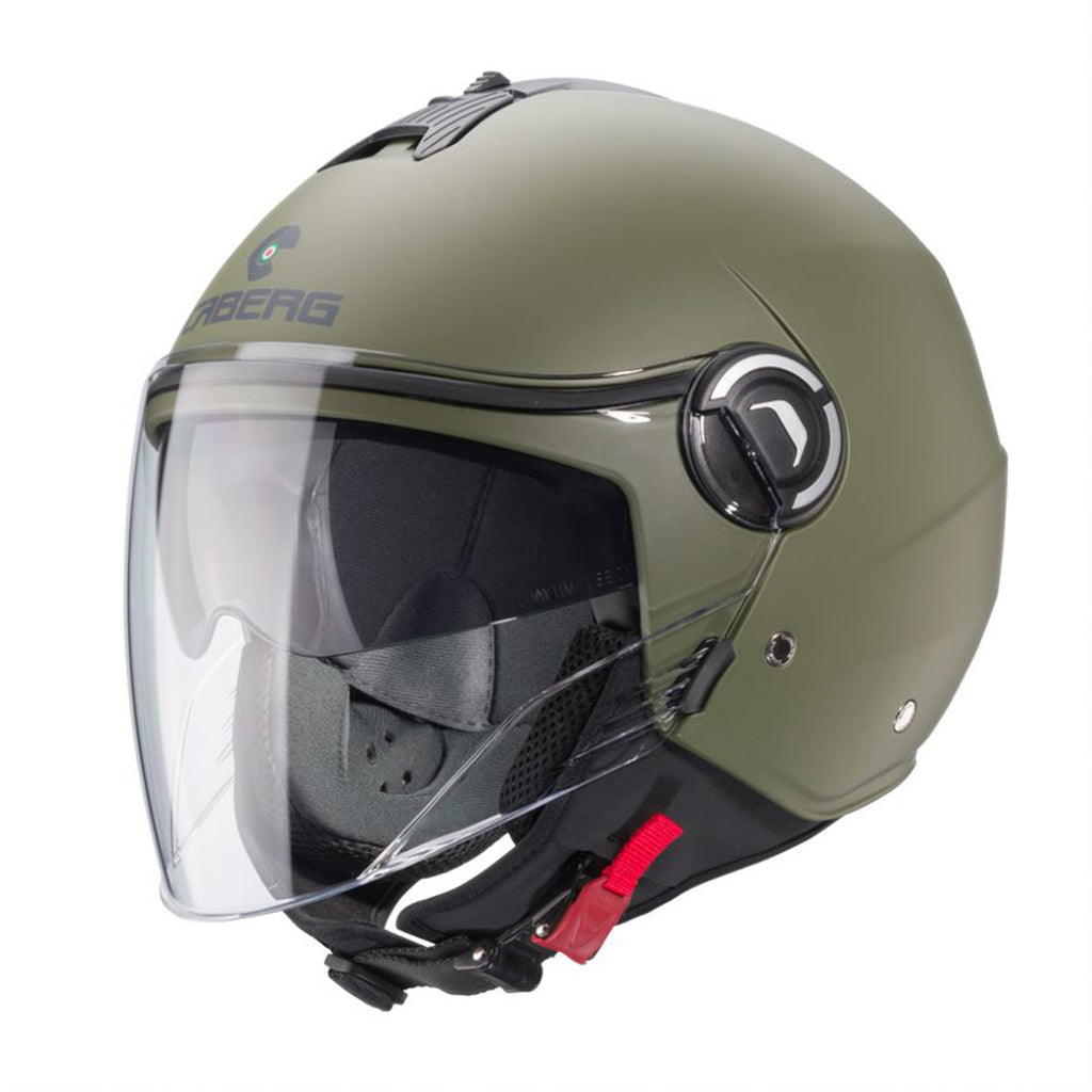 matt military green open face motorbike helmet with clear visor