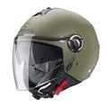matt military green open face motorbike helmet with clear visor