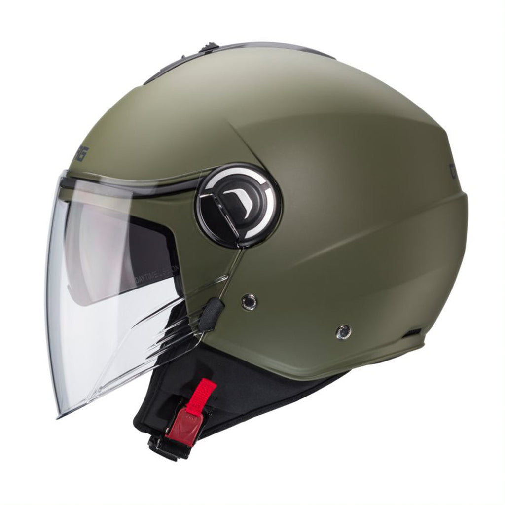 green open face motorcycle helmet with integrated sun visor