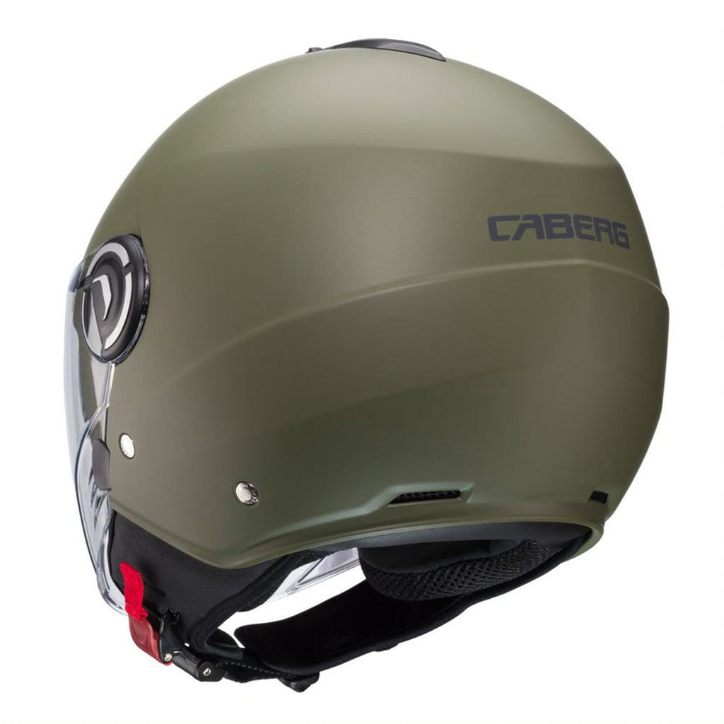 back of military green open face helmet with caberg branding
