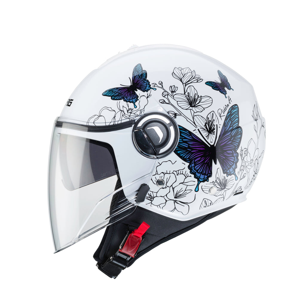 side view of caberg helmet with butterfly and flowers design on the side and integrated sun visor