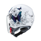 back of white open face motorcycle helmet with butterfly design and caberg logo