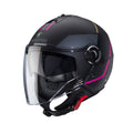 black and pink open face motorbike helmet with clear visor