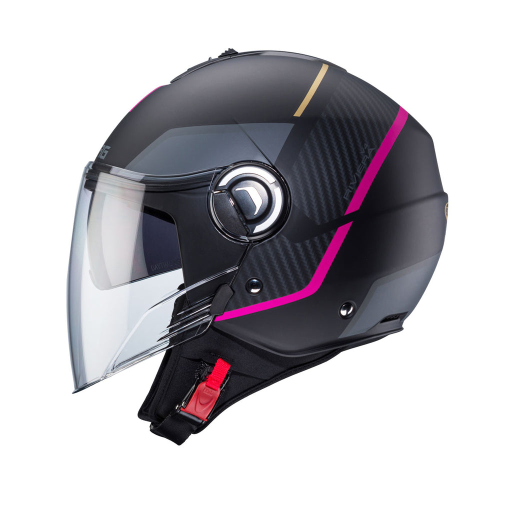 open face pink and black motorcycle helmet with integrated sun visor