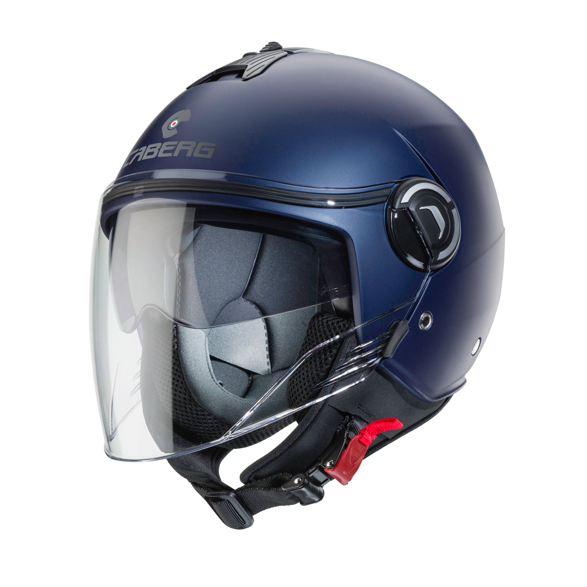matt blue open face motorcycle helmet with clear visor