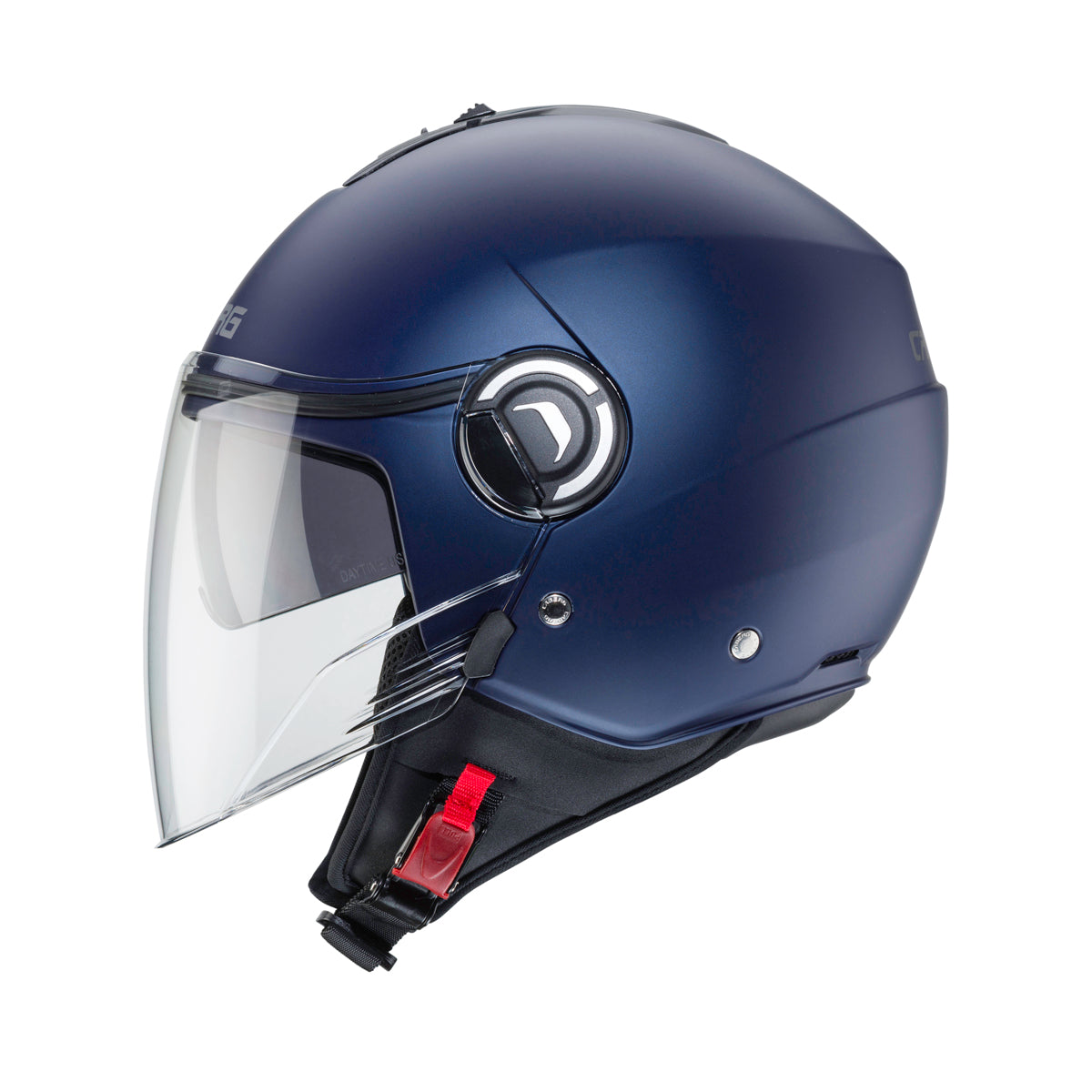 side view of matt blue open face helmet with integrated sun visor