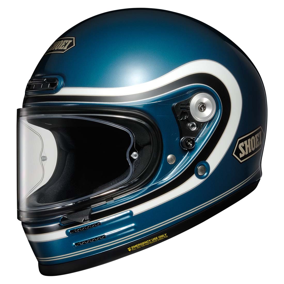 Blue SHOEI motorcycle helmet with white accents on a white background