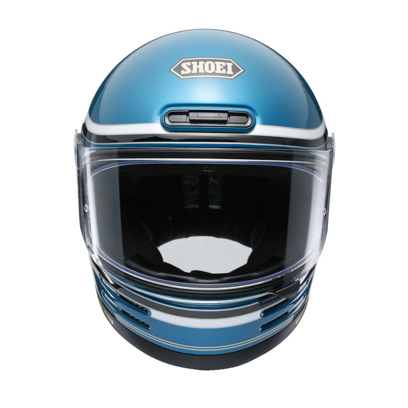 front of blue shoei motorbike helmet with clear visor