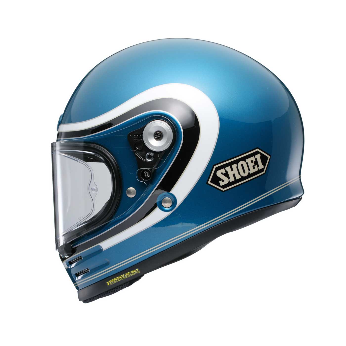 side of blue and white shoei helmet with clear visor