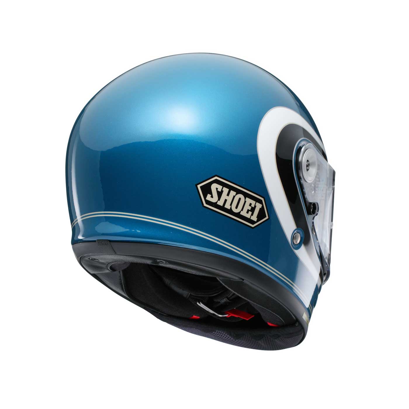 side and back of blue and white motorcycle helmet with shoei logo on the side