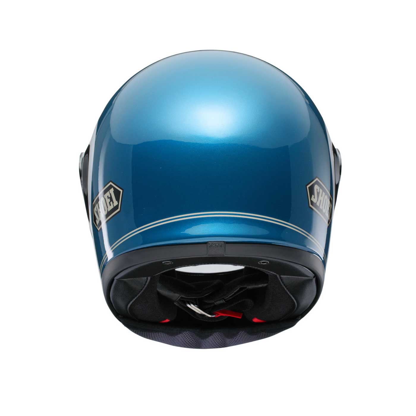 back of blue metallic motorbike helmet with shoei logo on both sides