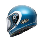 side of blue and white motorbike helmet with shoei branding on the side