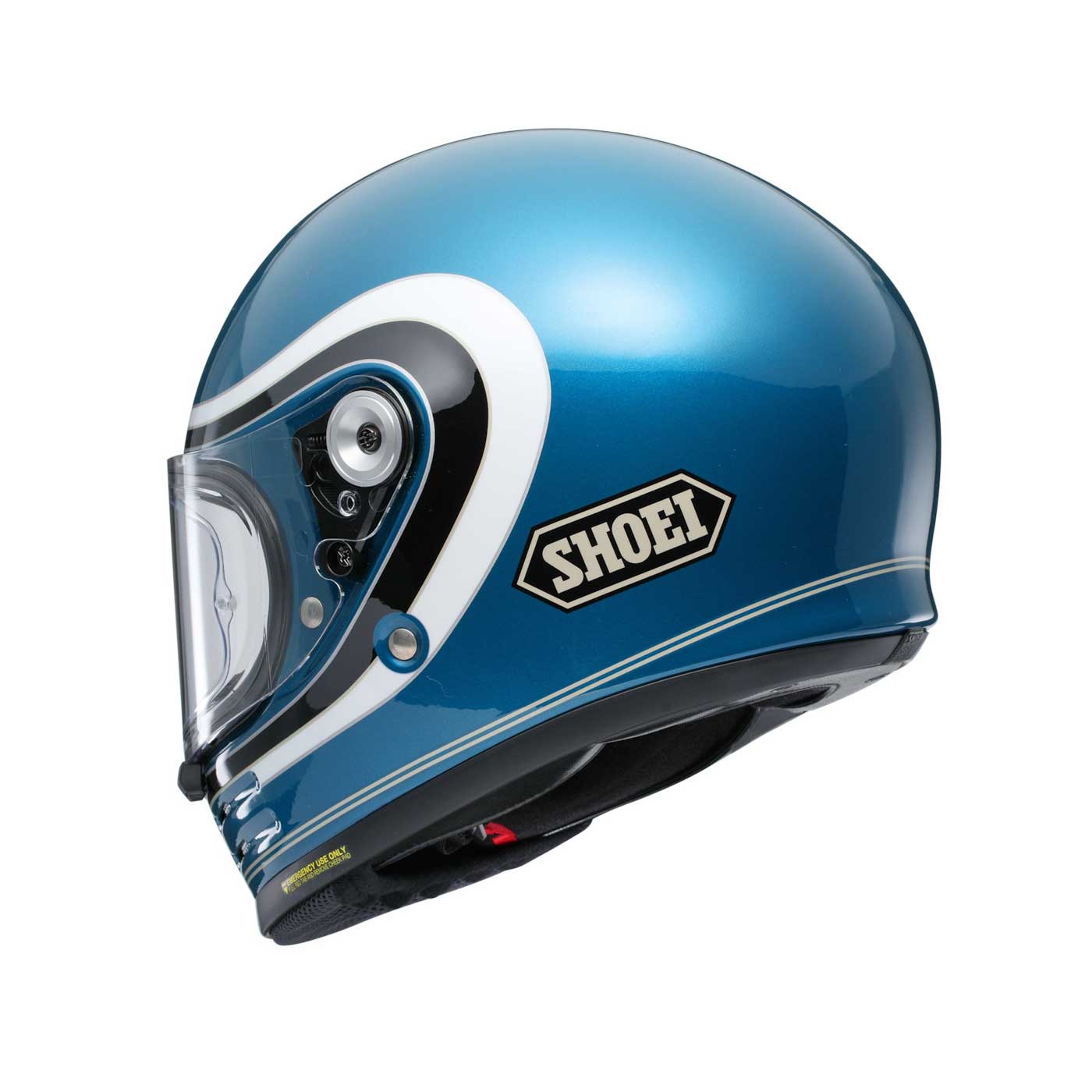 side of blue and white motorbike helmet with shoei branding on the side