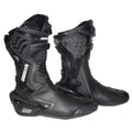 A pair of Spada X-Pro Black Motorcycle Boots with adjustable straps, buckles, and a zipper closure.